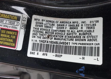 2006 Honda Civic Lx from USA, damaged, VIN 1HGFA16546L049341